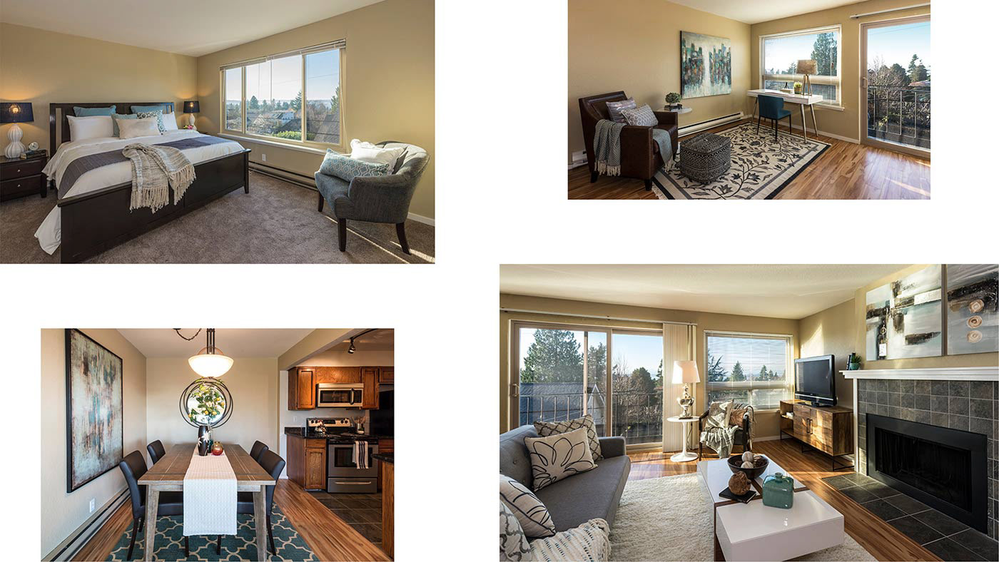 Collage showing various wide-angle views of rooms in a sun-lit apartment