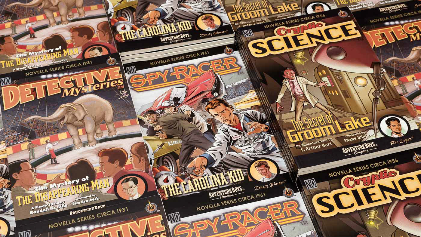 Stacks of three different books from a children's adventure novella series