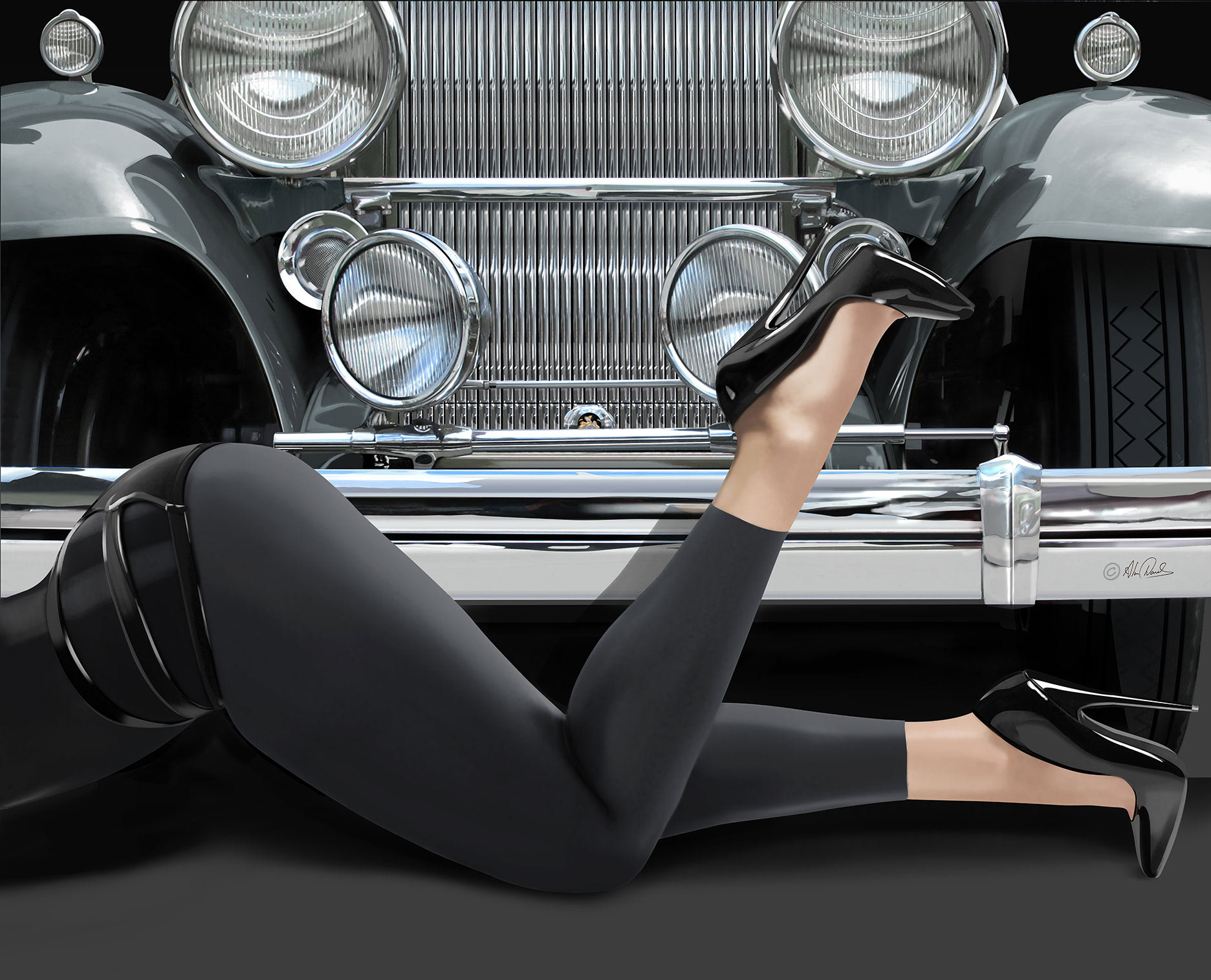 A vintage car with a lady lying on the floor infant of the vehicle, she is wearing a grey body suit and black high heel shoes, the car appears to be staring at her.