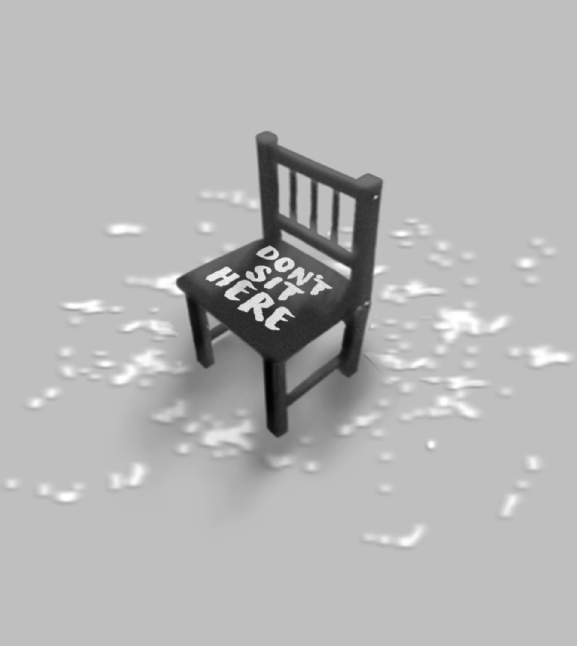A closer visual of the black chair, it has 'Don't Sit Here' written on, and has bird poo on the floor around it