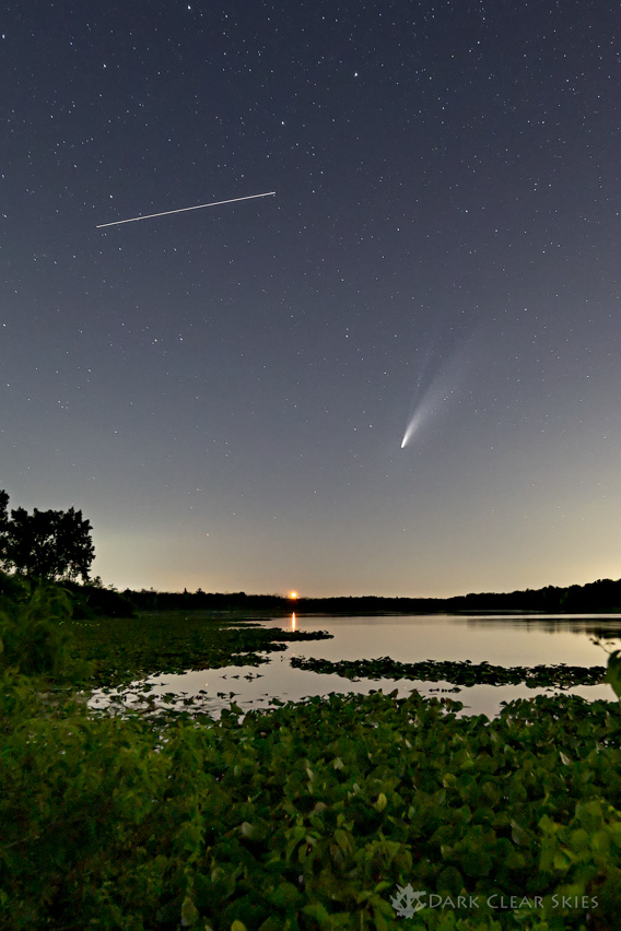 Here is the "rare" shot. This image was shot at Waterford Ponds at 10:55:32 PM on Friday July 17, 2020. What makes this image "Rare" is the fact that it contains not only Comet NEOWISE but it also contains a partial "flyby" from the Internation Space Station.  The ISS is not uncommon, but the fact that it is together with a "naked eye" comet that won't be making a trip past us for another 6800 years makes this a once in a lifetime shot.  