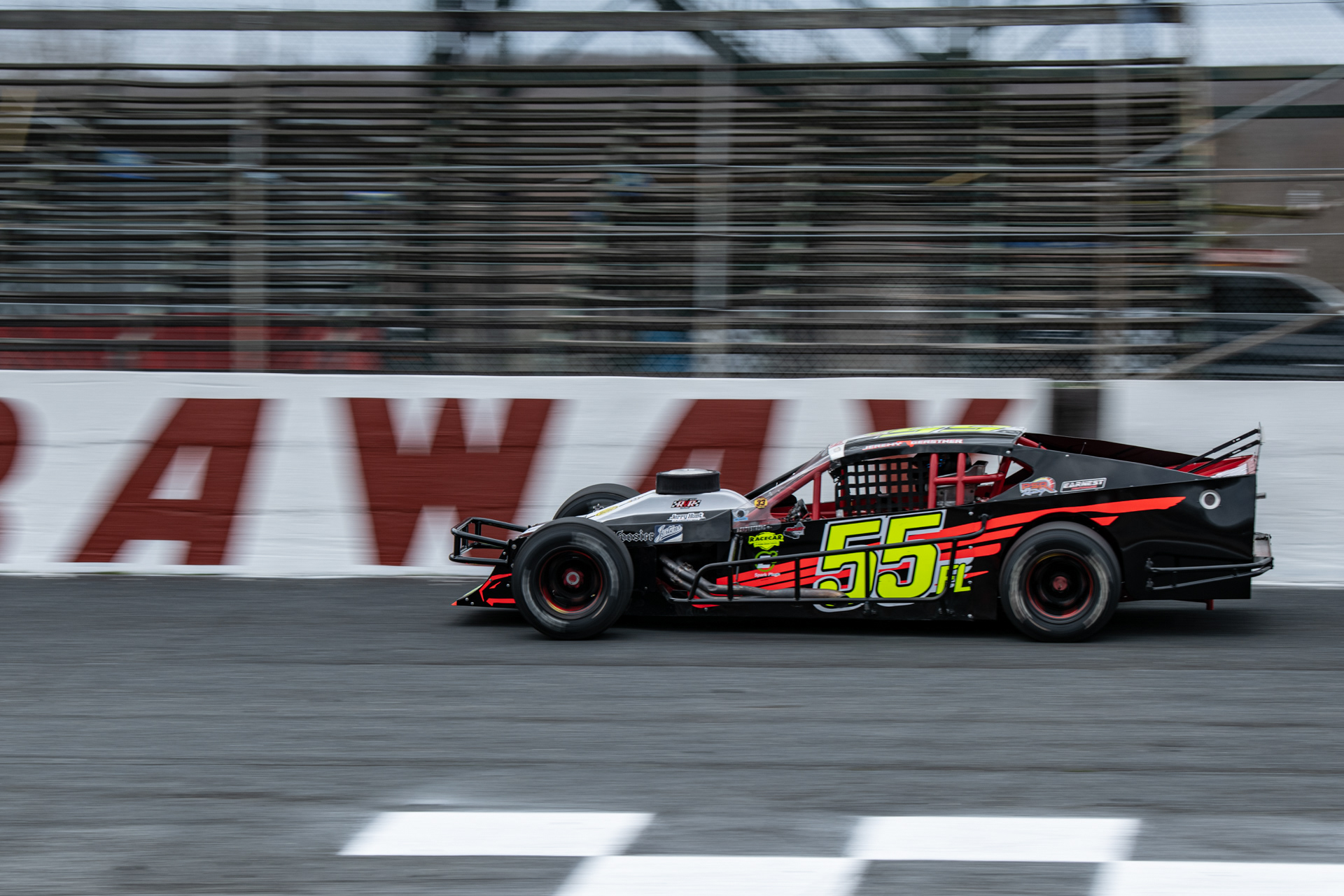 Jeremy Gerstner passes the start line during practice at Caraway Speedway in Sophia, N.C. on March 13, 2021.
