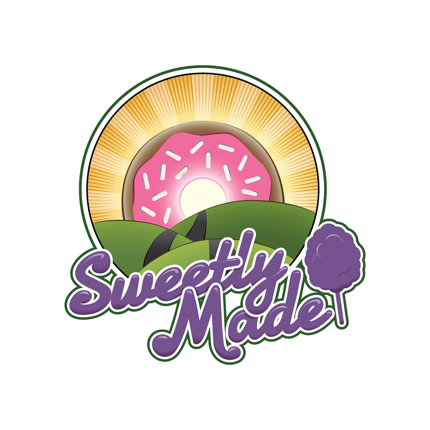 at first, this client bought a cotton candy rig and wanted to start doing business at local markets and festivals, so she asked me to create a logo that she could put on the cotton candy stand and some business cards so she could start getting her name out there, so I created the Sweetly spun logo. A few months later, she was doing so well with the cotton candy stand that she decided to buy a food truck and start selling donuts, as well. She wanted the new logo, for the truck, to tie in to the Sweetly Spun logo but wanted it to be unique — eventually ending up with the donut sunrise and incorporating the cotton candy icon from the first logo.