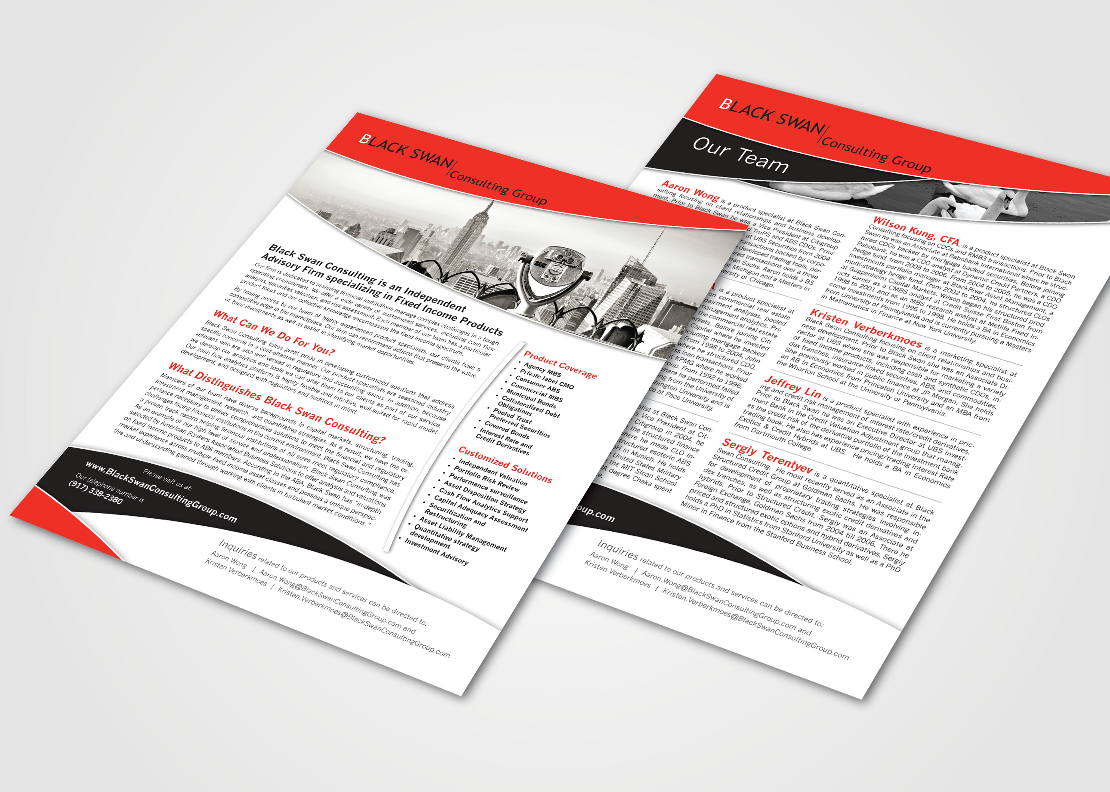 Black Swan Consulting, financial information sheet, red and black, black and white photography, structured finance advisors, financial marketing, financial graphic design, structured finance marketing, structured finance graphic design, structured finance digital marketing, new york city, Linda Modica, LMID, Aaron Wong