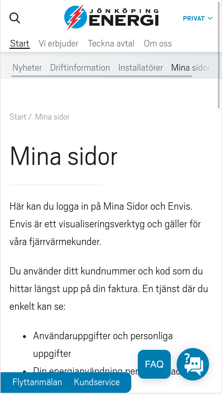 Jönköping Energi original website, link to log in page