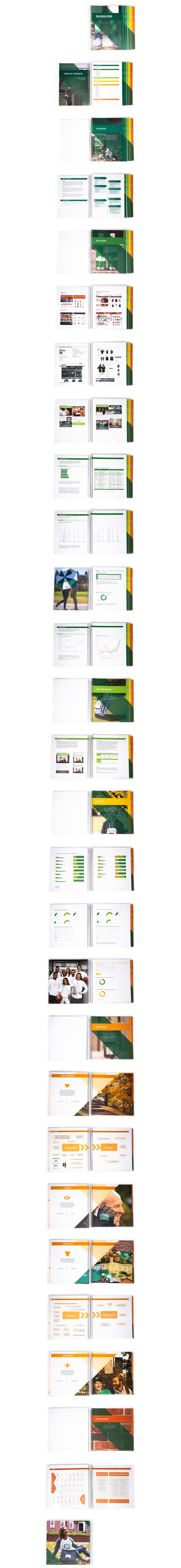 This image shows select spreads from the report. Sections include Overview, Discovery, Methodology, Results, Discussion, and Conclusion. The included spreads contain a timeline, some peer analysis, a competitor analysis, inventory of marketing, email and web data, sales graphs, various charts to demonstrate survey data, visual webs of themed strategic recommendations, and finally a summary graphic.