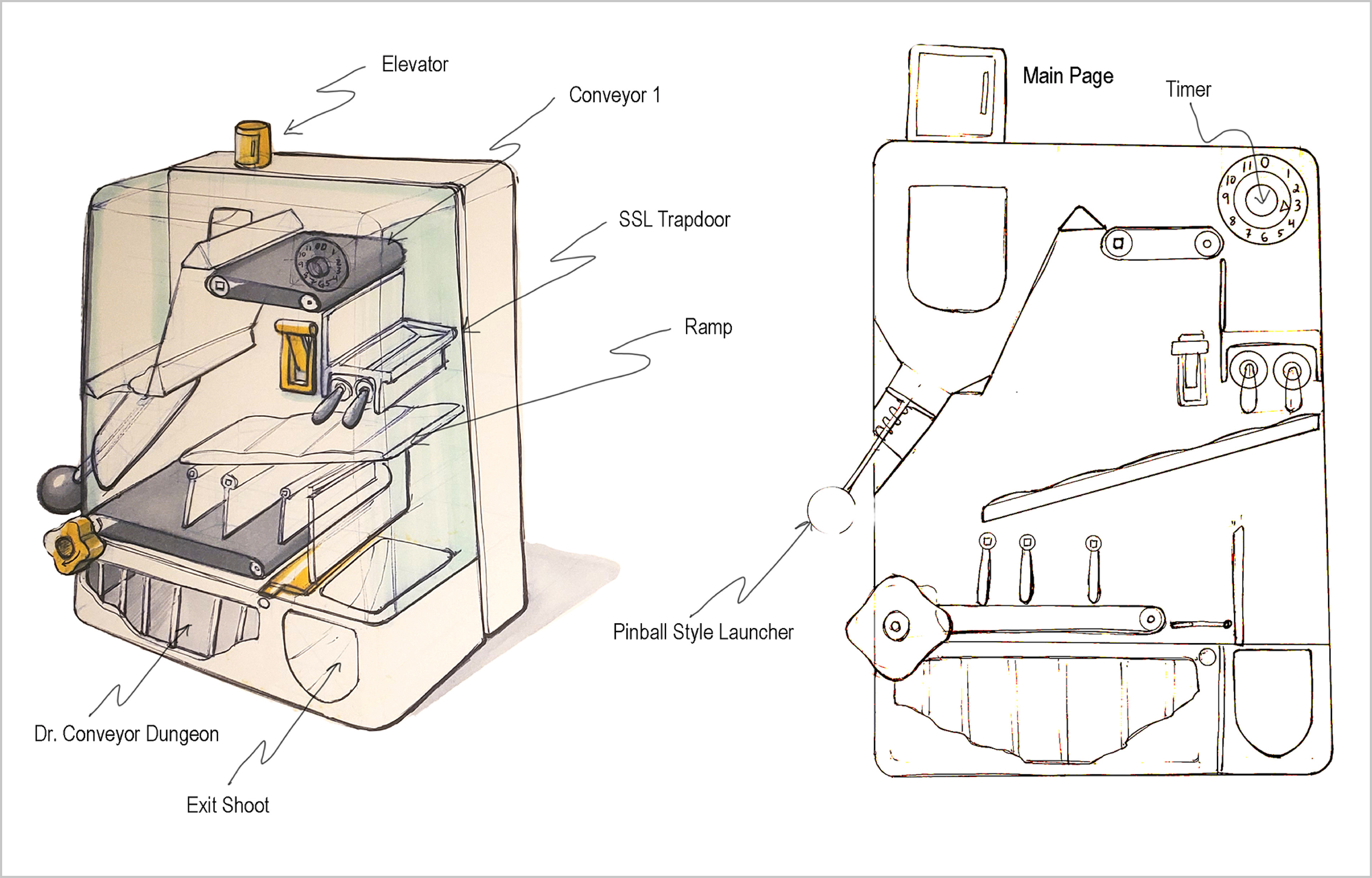 Three-quarter view and front view of the toy concept named Dr. Conveyor's Lair