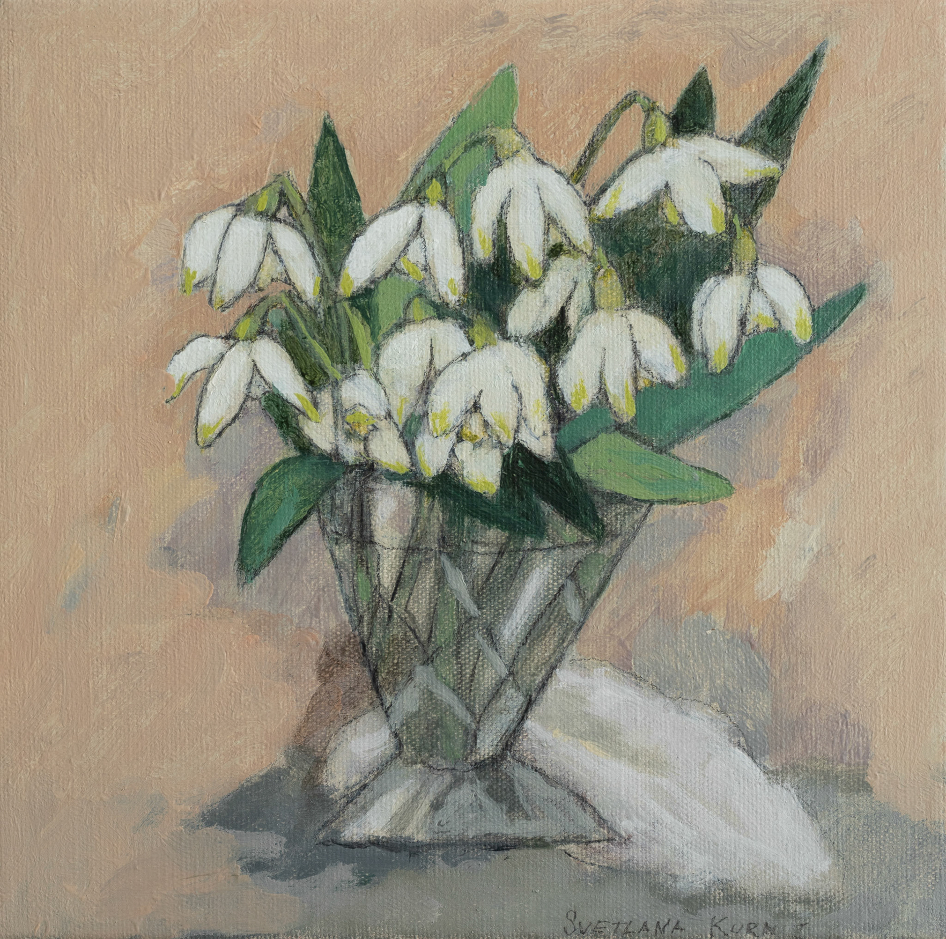 FIRST SNOWDROPS oil on canvas, 20x20x2cm 2020