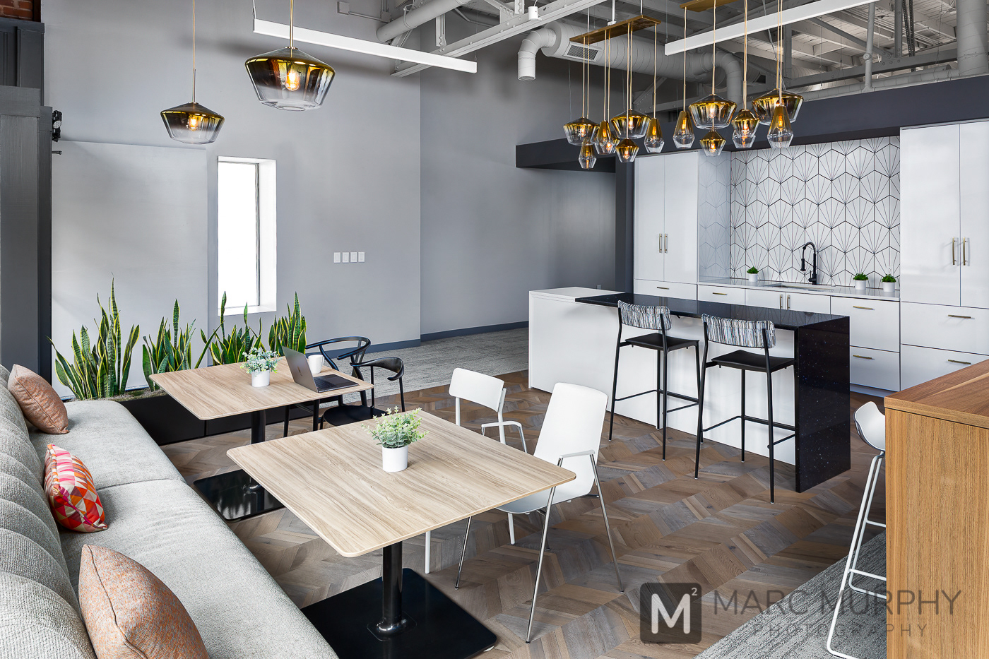 Workspace Interiors Cafe Kitchen Break Room with tables, chairs, counter, sink, couch, white cabinets and pendant lights