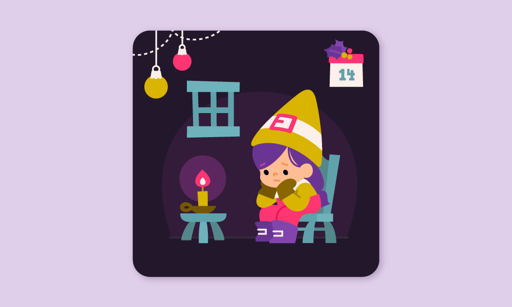 A digital illustration of a sad, little girl elf sitting on a chair in a dark room with a burning candle next to her