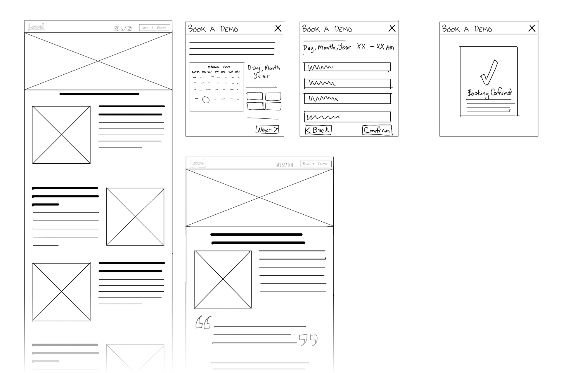 Low-fidelity wireframe sketches showing the parts of the demo booking flow