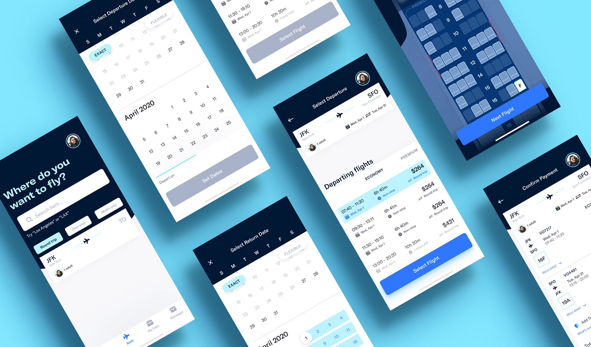 Various app screens for booking a flight
