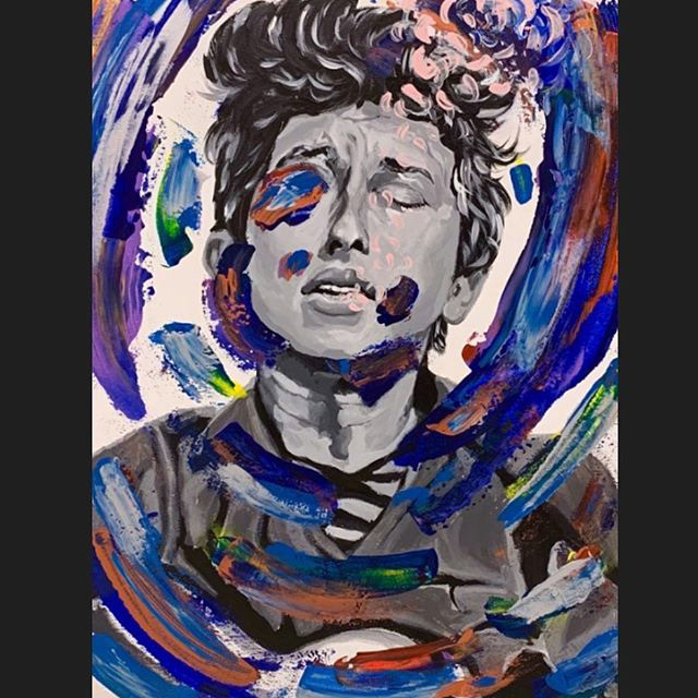 "Exhale" | 18" x 24" | Acrylic on canvas | This piece was to showcase emotion in the man's face, and emphasize this with the swirling colors. Many of my pieces focus on a single moment in time. Much of this painting was supposed to be left up to the interpretation of the audience by only implying ideas.