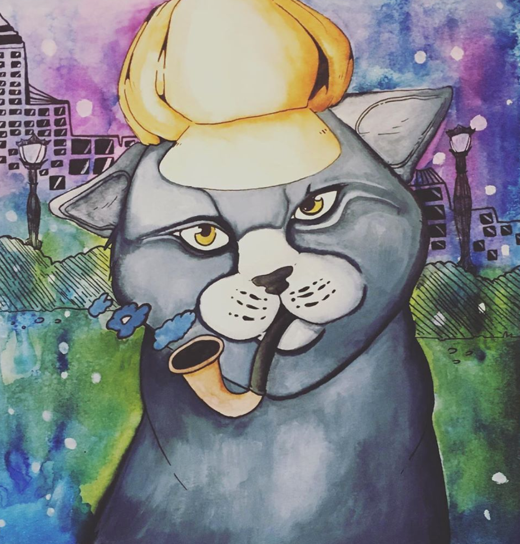“Sherlock Cat” | 12” x 12” | Watercolor, ink, pen, and salt