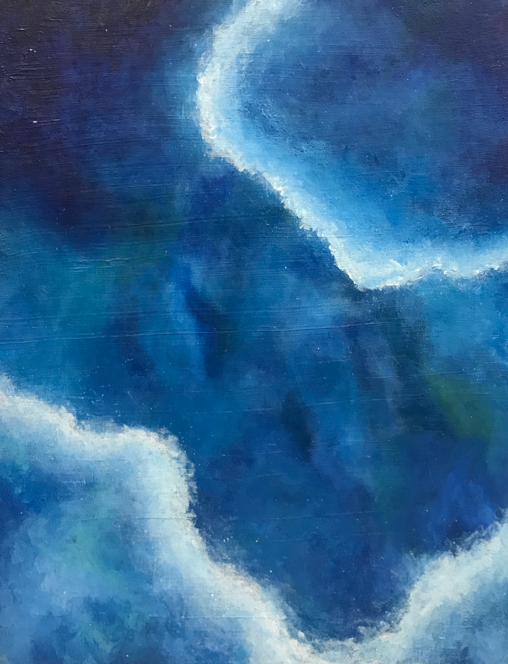 "Up Above" | 11" x 14" | Acrylic on canvas | I decided to do an aerial view of the ocean. I blended many shades of blue and green to show depth in the water.
