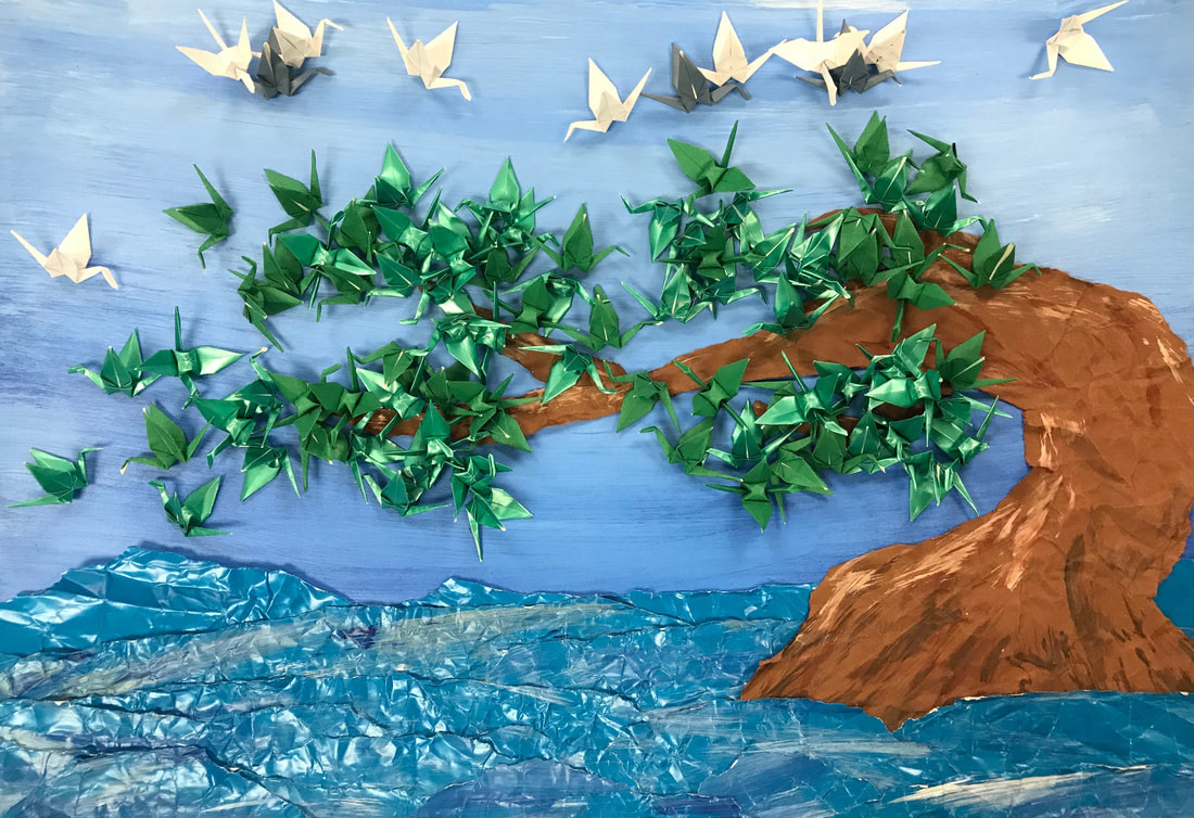 "Cranes of Nature" | 13"x19" | Paper collage | As a part of Japanese Culture, cranes play a huge role in literally every part of their lives.