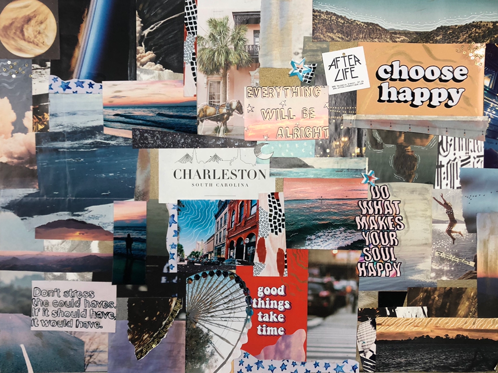 "The Exploration in Self-exploration" | 18” x 26” | Mixed-media collage | The purpose of this collage is to be representative of myself. My goal was to use places that I have been or want to go and the feeling of those photos to convey the ups and downs of how I feel about myself and the hopes and aspirations I have for myself.
