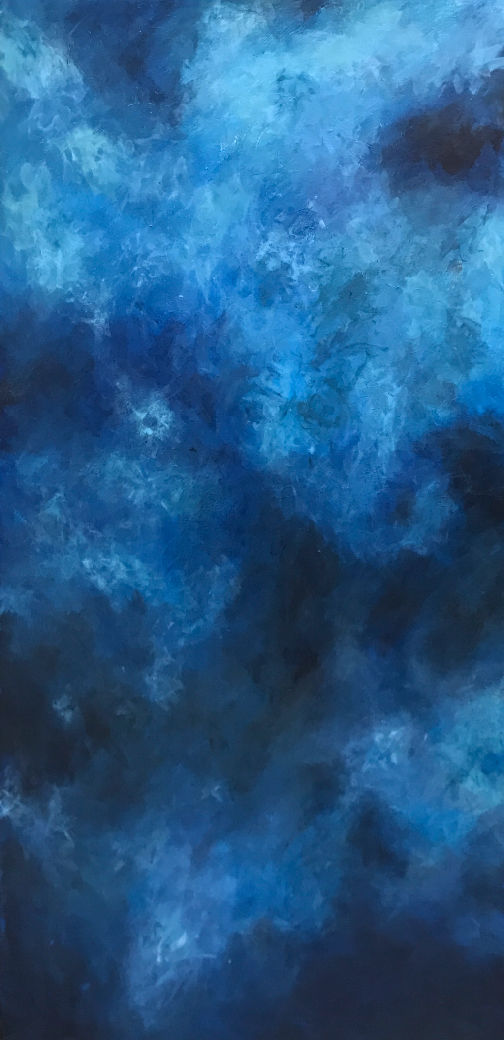 "Sea View" | 18" x 36" | Acrylic and gesso on wood | I decided to do an aerial view of the ocean. I used various shades of blue and green to show depth in the water. I used my fingers to get more textures within the water.