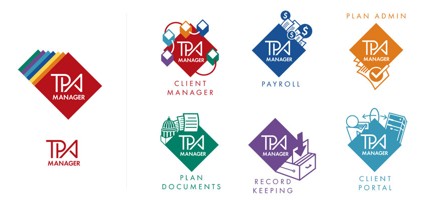 Logos for "TPA Manager," an accounting software suite. Art Direction: Patrick Pollei.