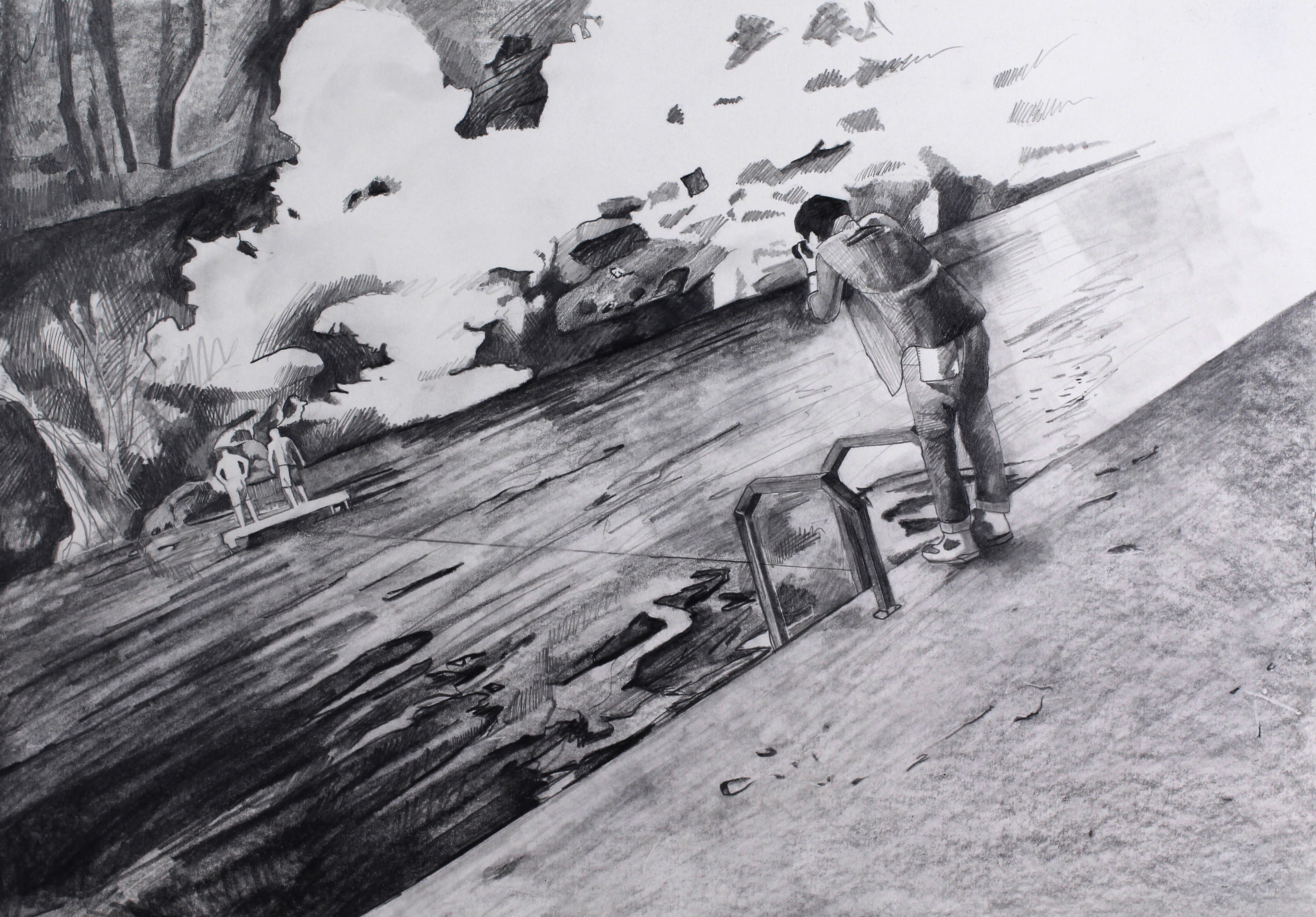 "Voyeur: swimmers", graphite on paper, 14" x 20", 2021