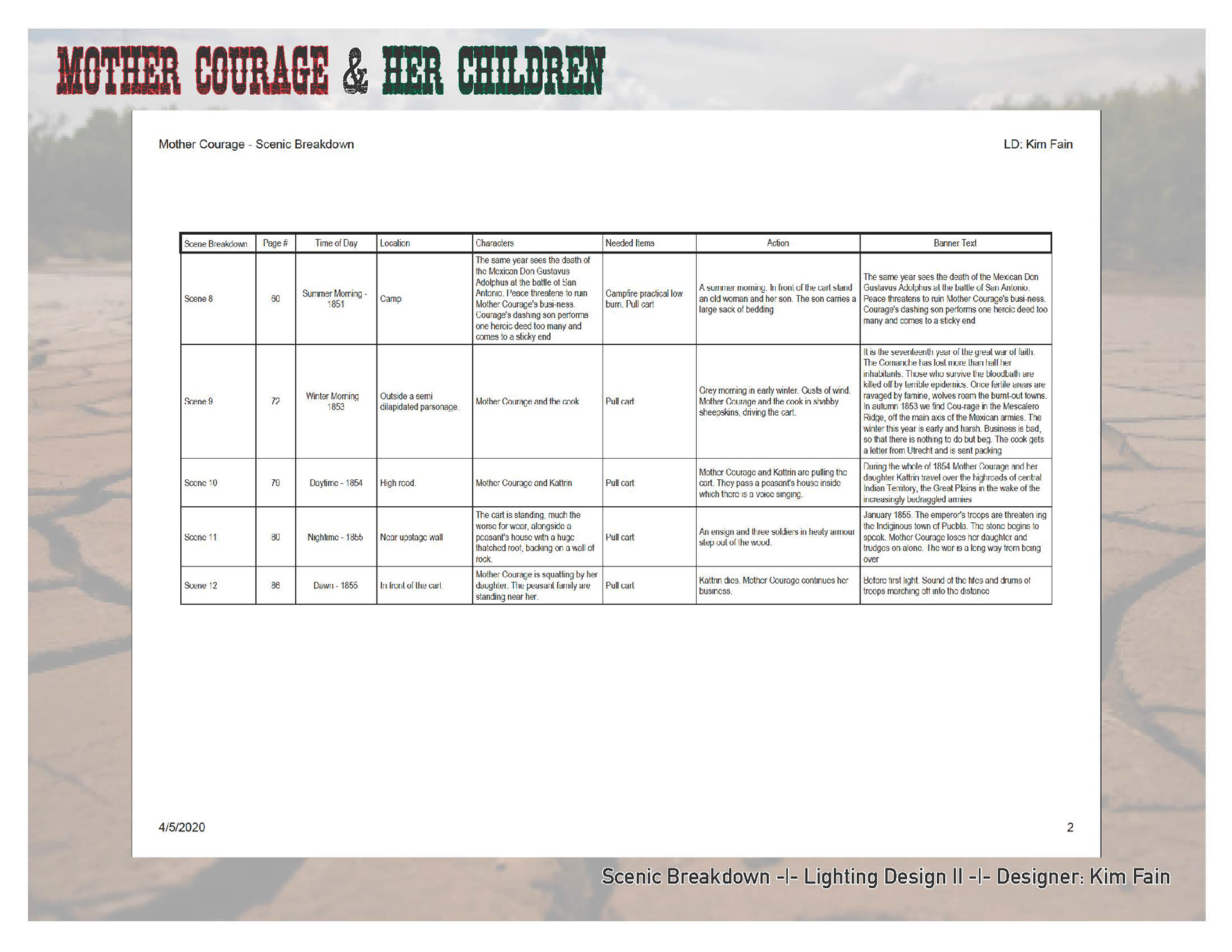Mother Courage & Her Children — Scenic Breakdown — Page 2 — MS Excel