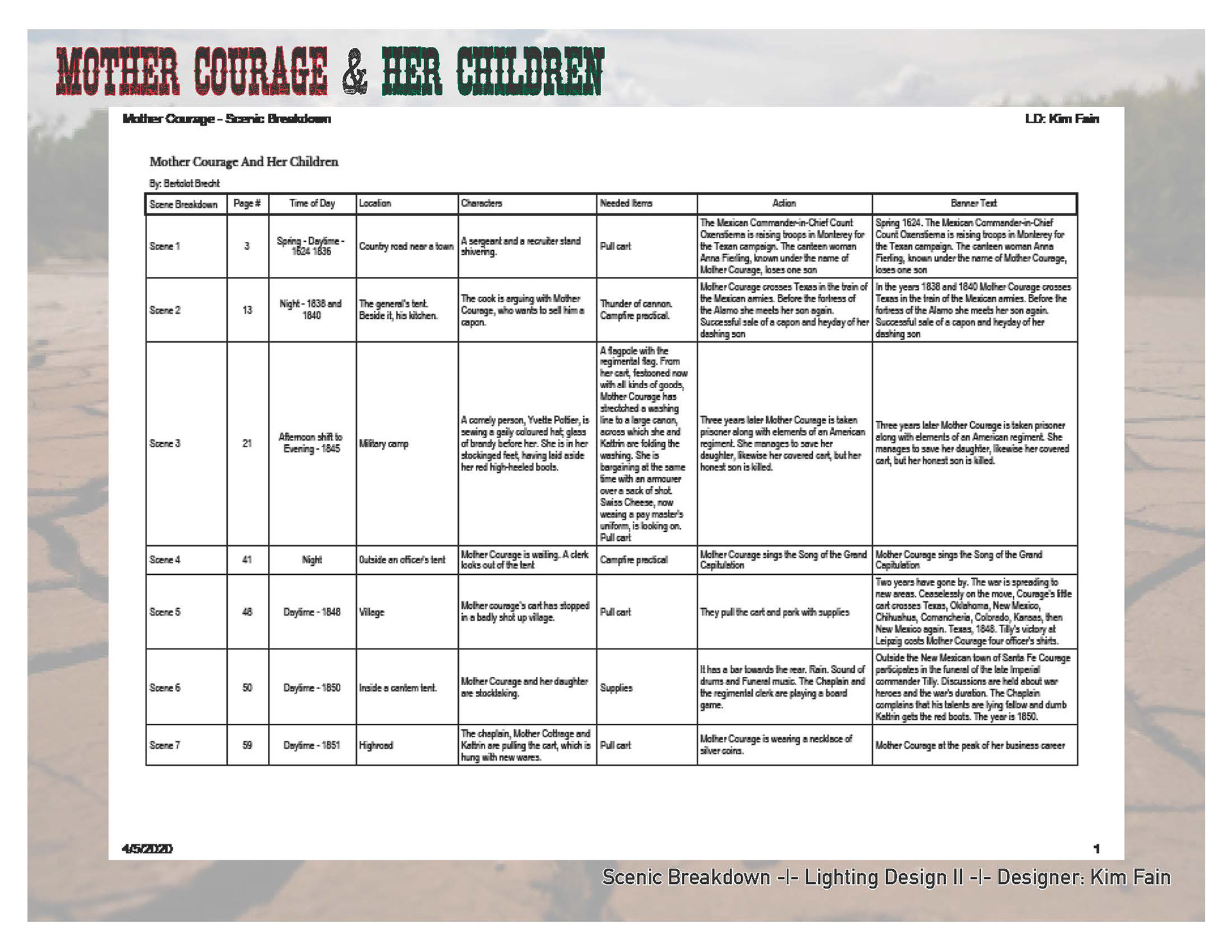 Mother Courage & Her Children — Scenic Breakdown — Page 1 — MS Excel