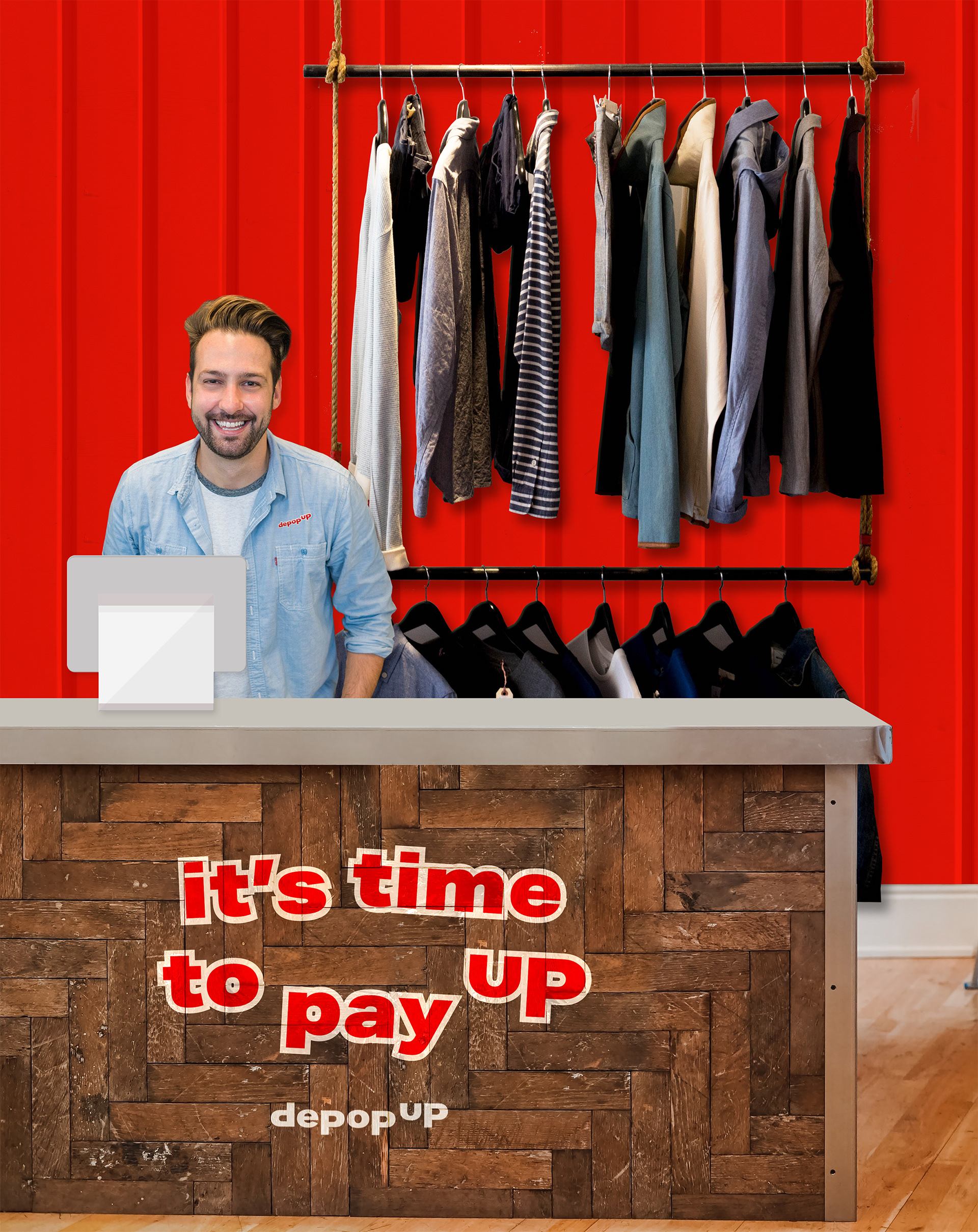 Till point made from recycled materials holding playful on-brand messaging.