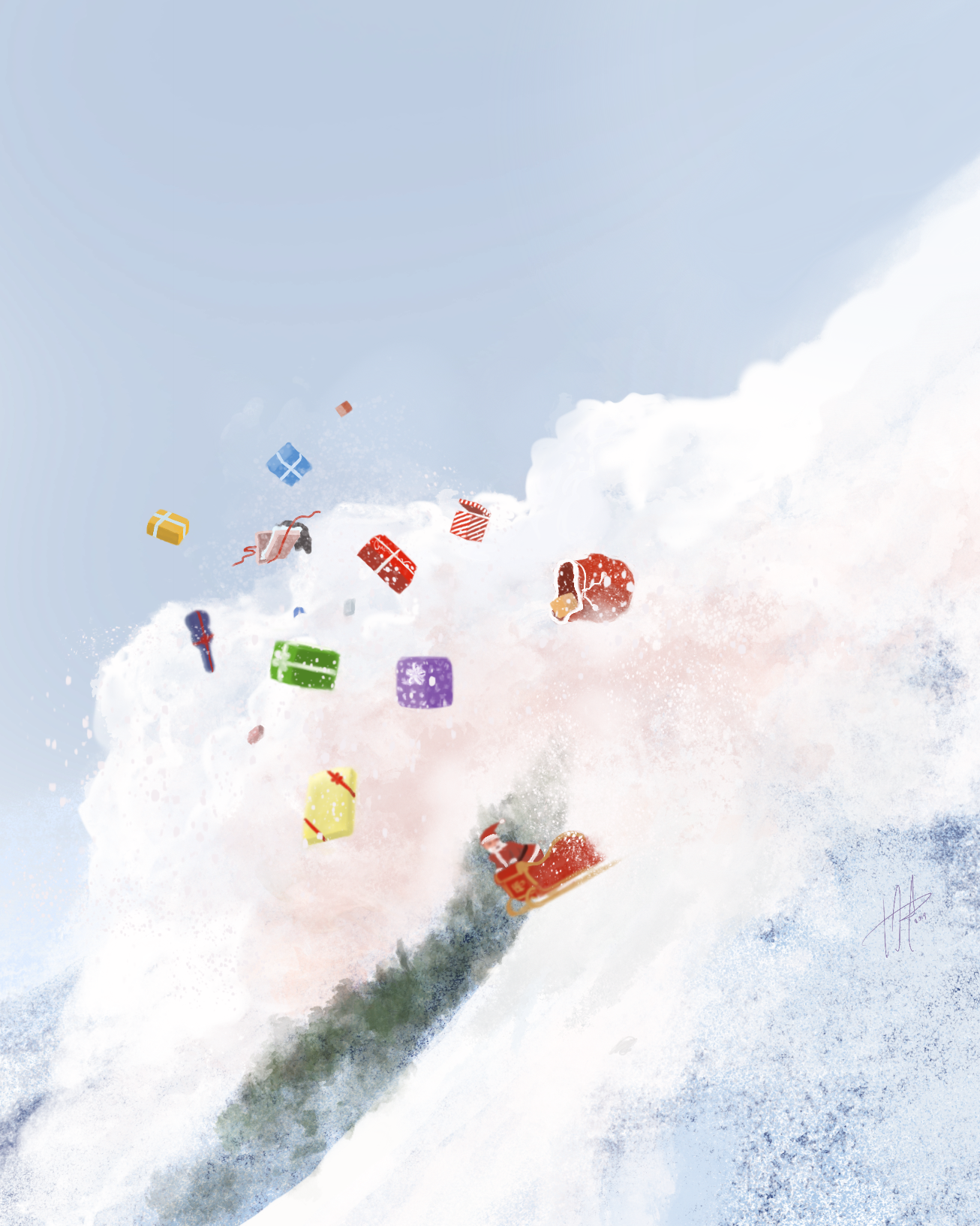 Santa's sleigh was caught in an avalanche. His reindeer are nowhere to be seen, but all the presents have come flying out of his bright red magical bag!