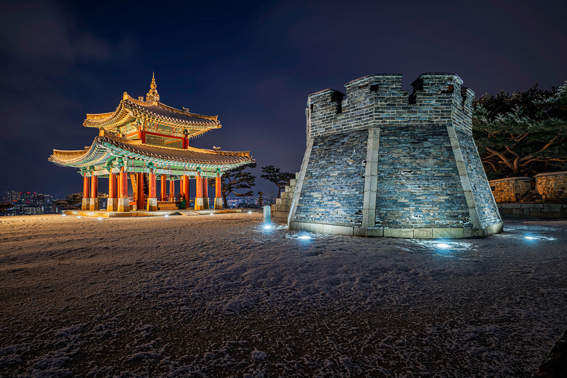 Seoul, South Korea - FEB 16 2020: Hwaseong Fortress, built from 1794-1796, is located just south of Seoul. The perimeter wall is easily walked, giving excellent views of the fortress and the city.