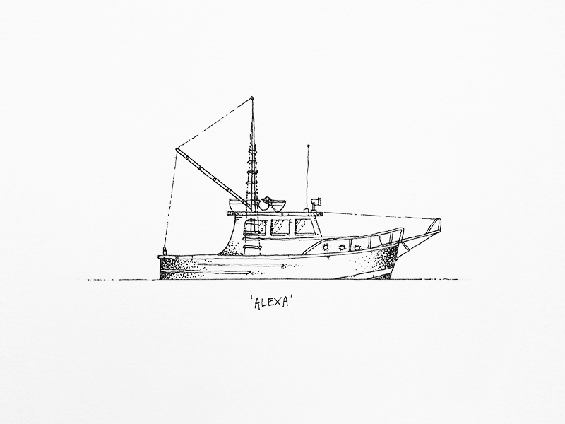 A pen and pencil sketch of the boat 'Alexa' inspired by Billy Joel's song The Downeaster Alexa.