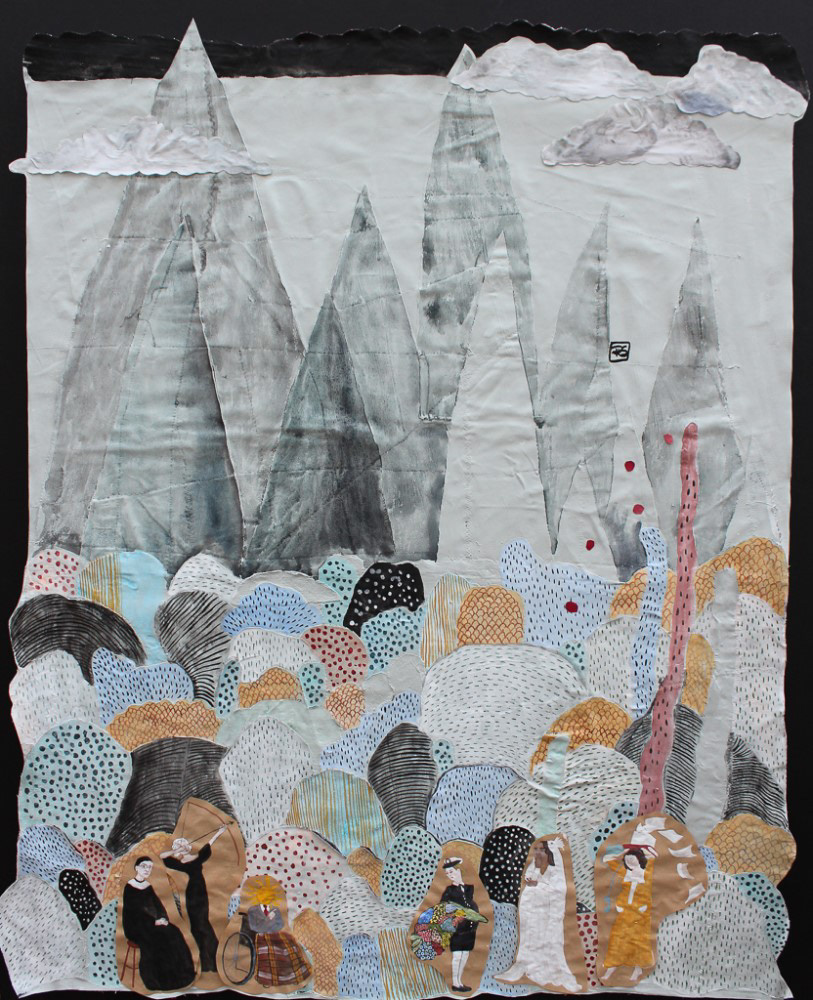 We will just have to adapt. 36x48. 2020. Fabric embroidery, paper and gouache on cotton. Comes framed behind glass. $2,800Fabric