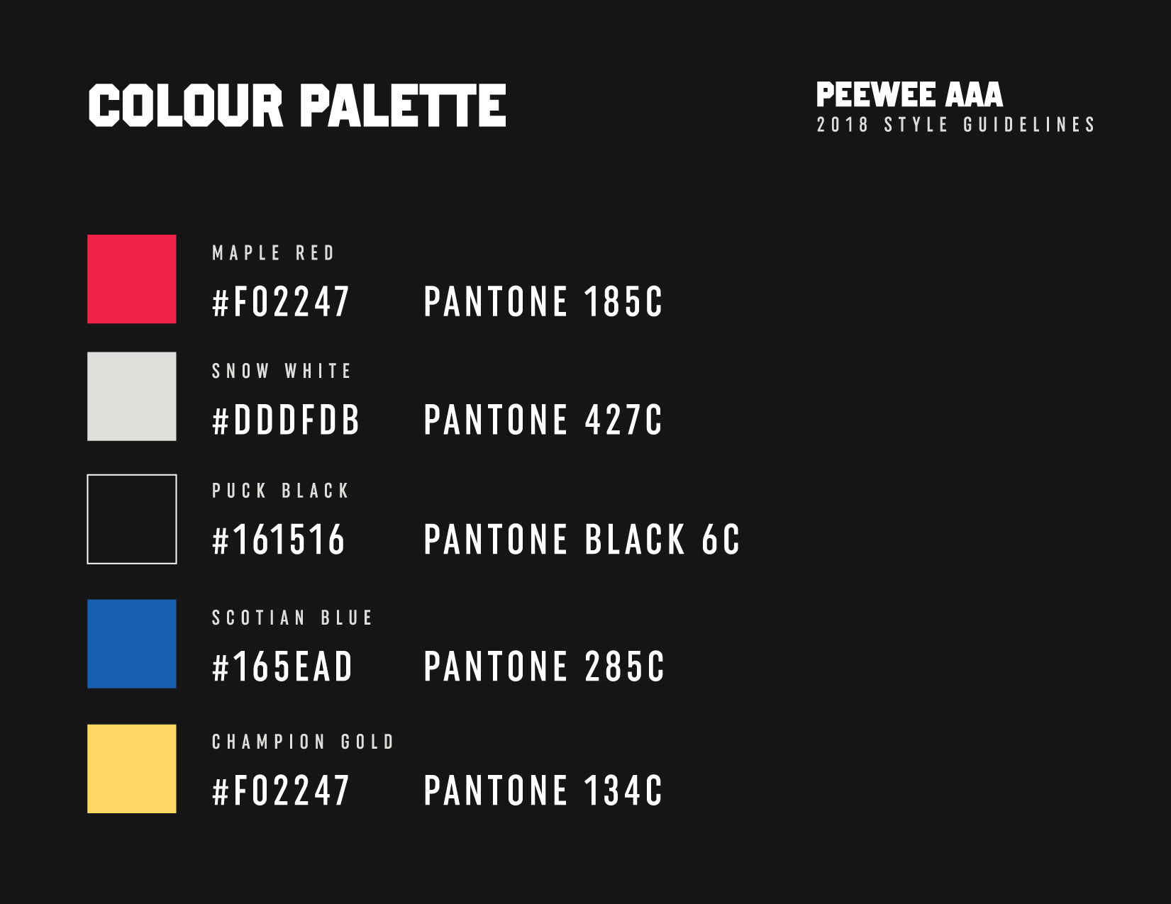 PeeWee AAA Championships colour and style guide.