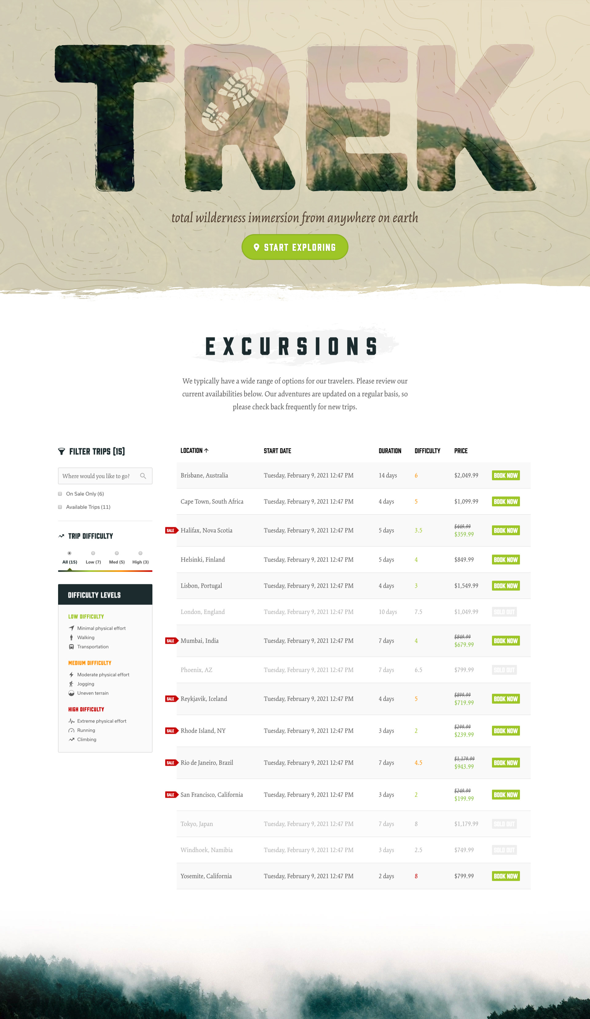 Custom designed homepage for Trek showcasing the primary features of the site.