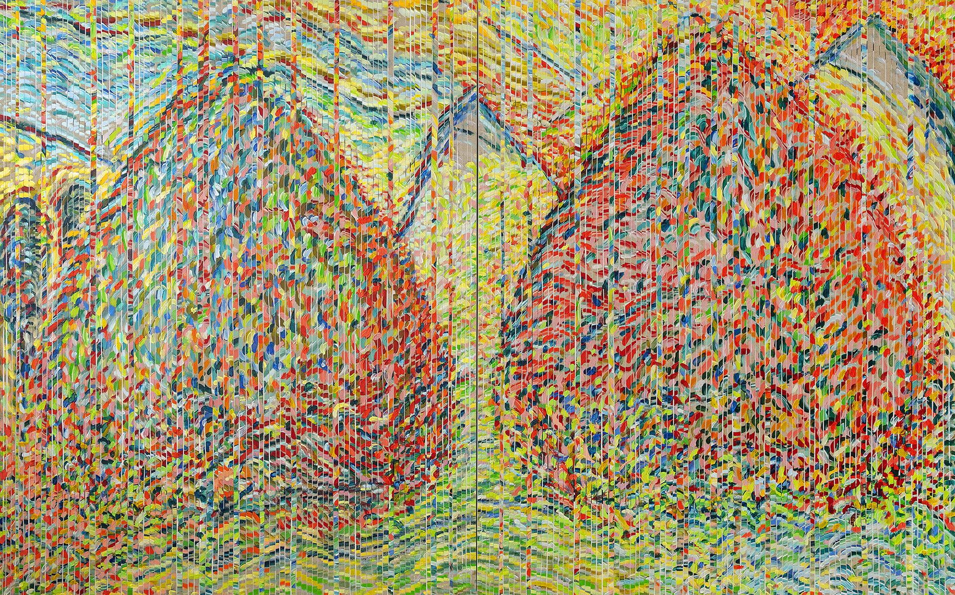 END OF SUMMER oil on linen stripes over canvas, 2 panels, 60 by 96 inches, 2020, HERMANN LEDERLE