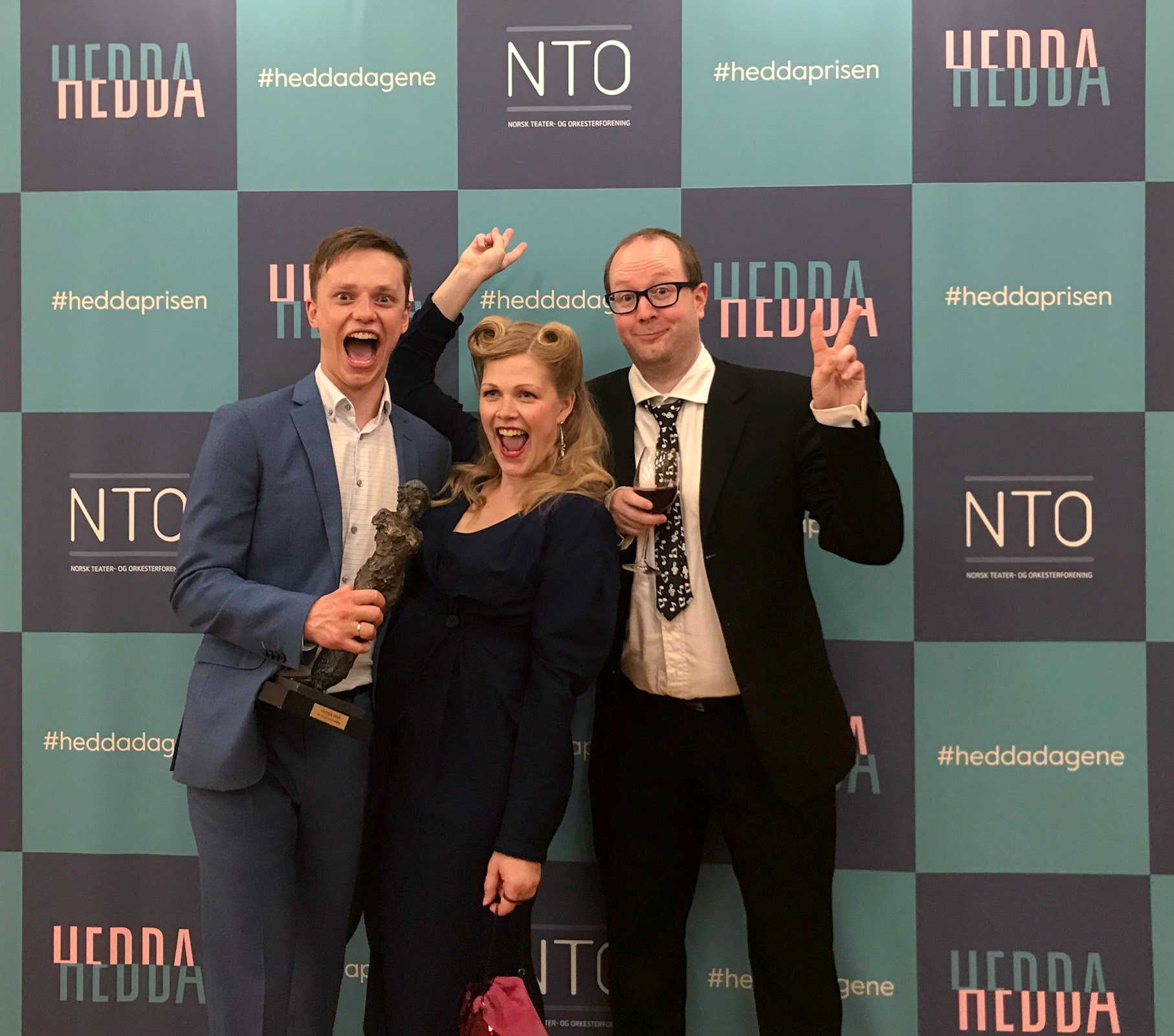 Actor Iver Innset, director Hilde Brinchmann and me, celebrating TWO Hedda Award wins for MIO, MIN MIO and INGENTING, in 2019
