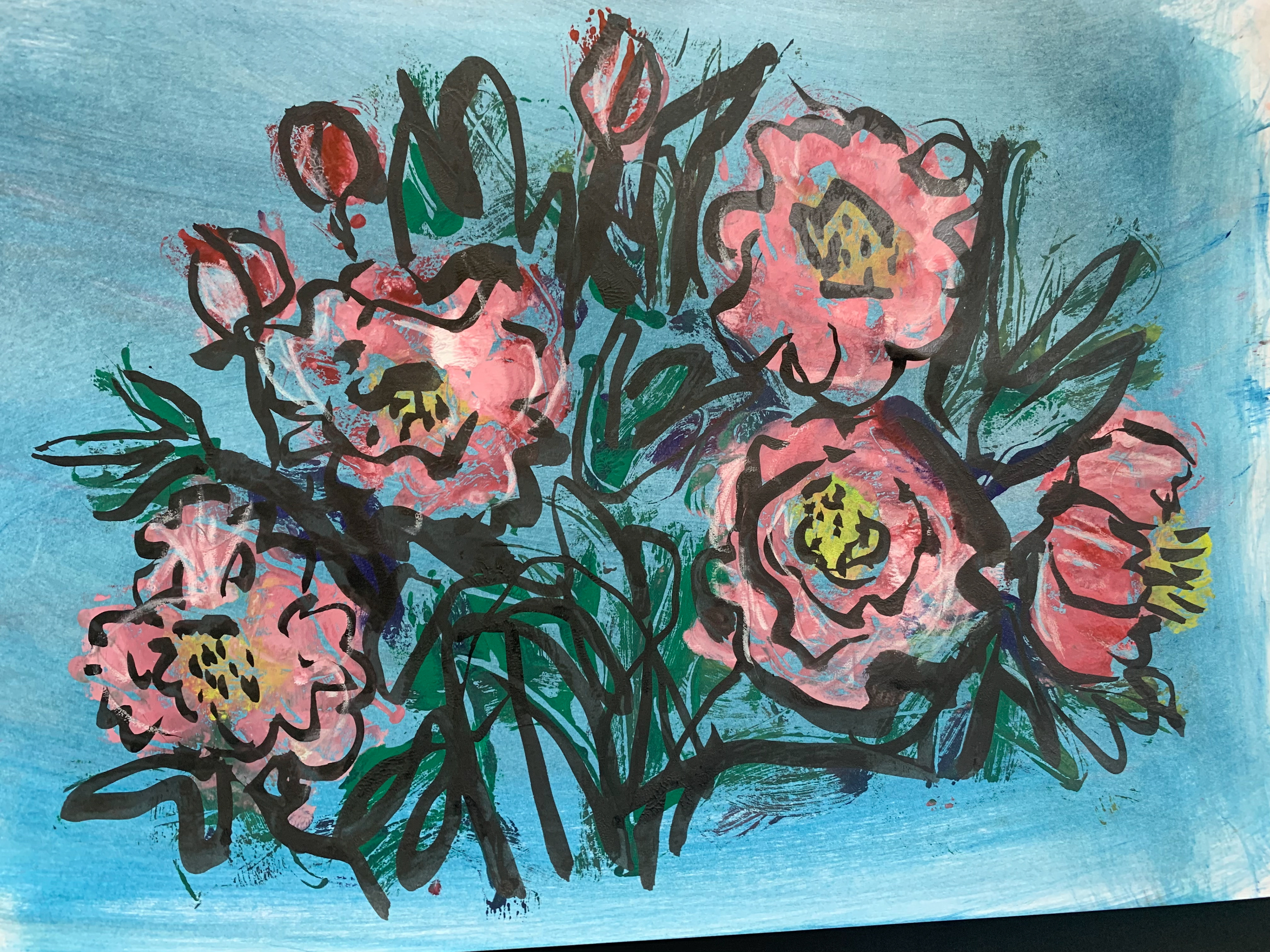 23 / Peonies on a blue background, 11 x 15 / $225