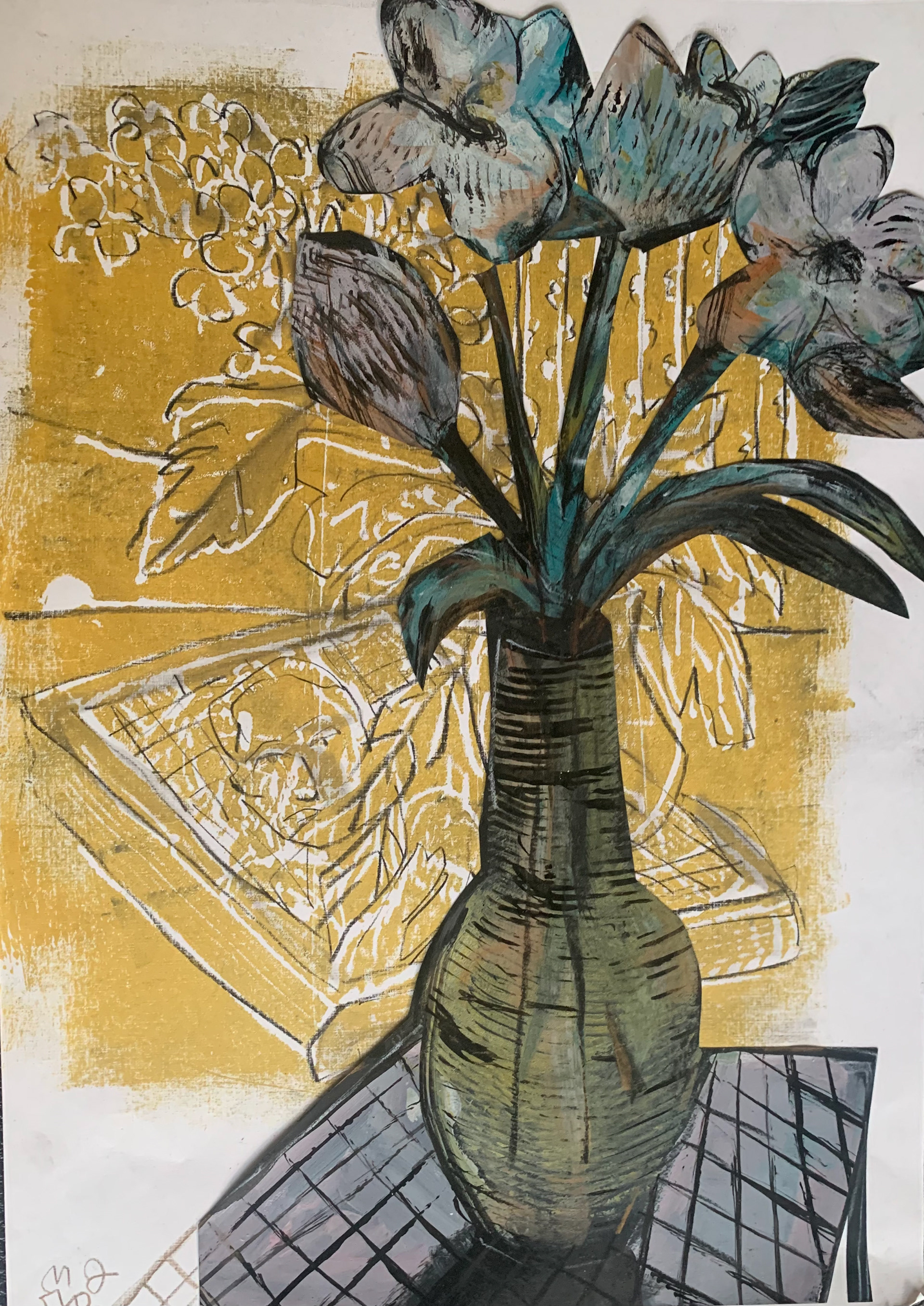 67 / SOLD / Four tulips collaged on gold background / 11 x 17/ $275