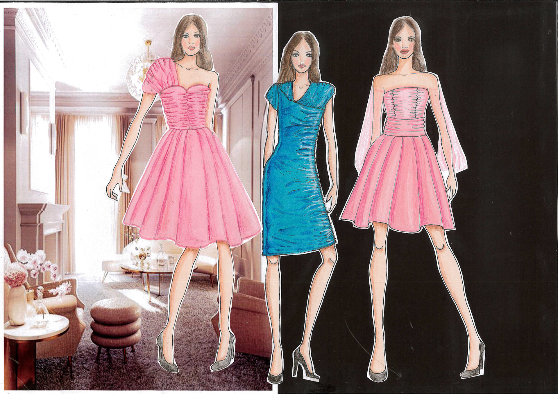 Rendering of satin, taffeta, and organza