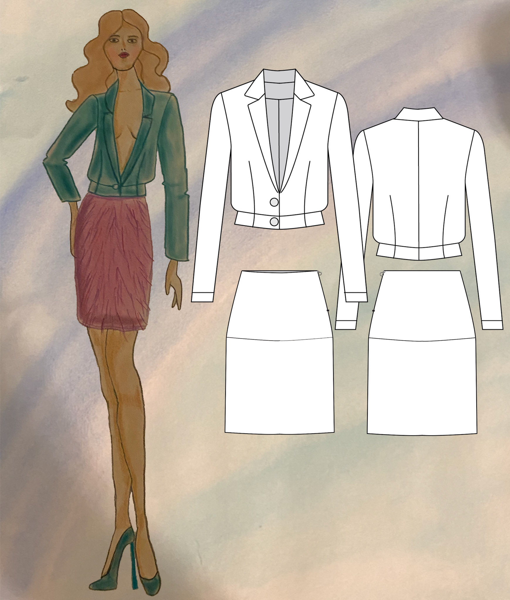 Single button lapel jacket with slim fit skirt
