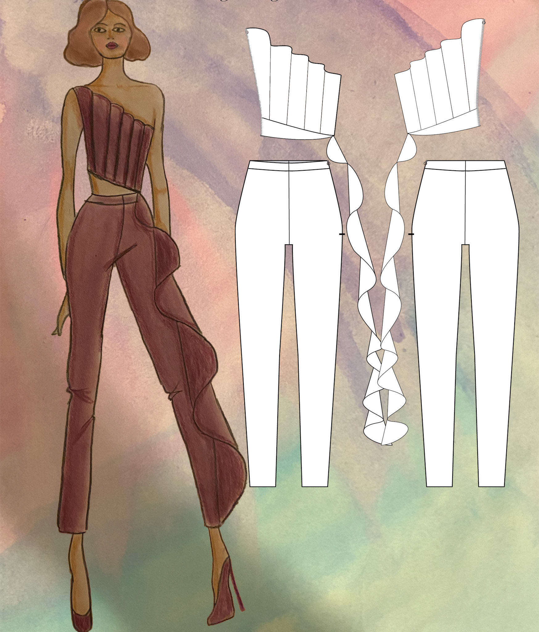 Asymmetrical bustier with ruffle and slim fit trousers