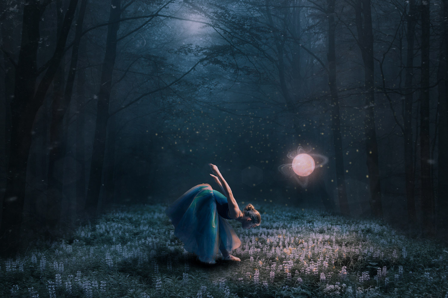Dancer and Orb in the forest under the moonlight.