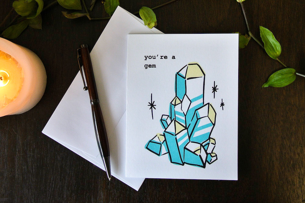 Greeting card set of 5 for Alexa Van Der Wyst (@vanderwyst.design). 3 colour screen print on 118lb pure cotton cardstock. Size 4.25" x 5.5" folded.