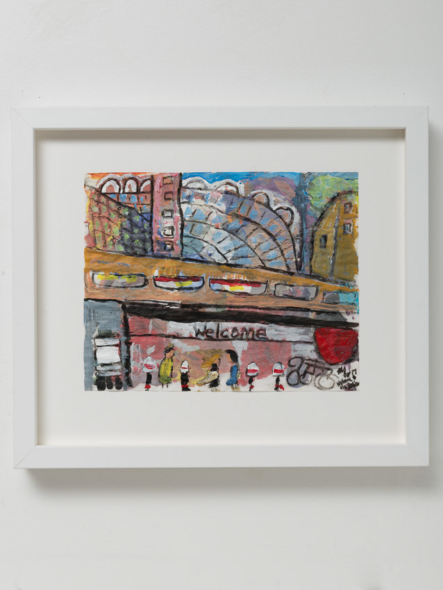 Welcome to the Barbican Arts Centre: Arriving for the Theatre Acrylic and charcoal on recycled, reversed palette paper 32. 4 x 37.2 x 4 (double-framed so the reverse can be viewed; anti-reflective glass on front