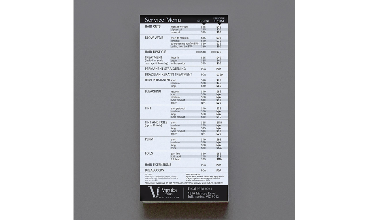 Varuka Salon service menu