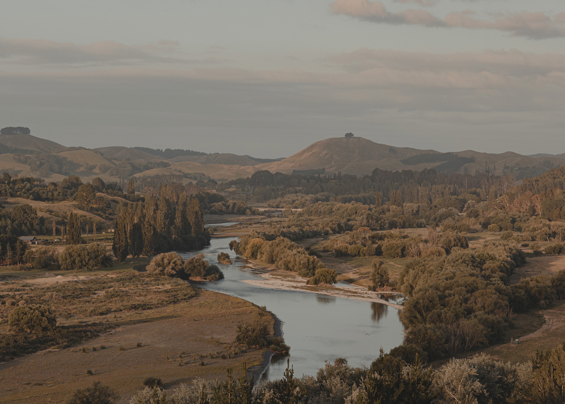 Late afternoon light looking down to the Tukituki river and valley