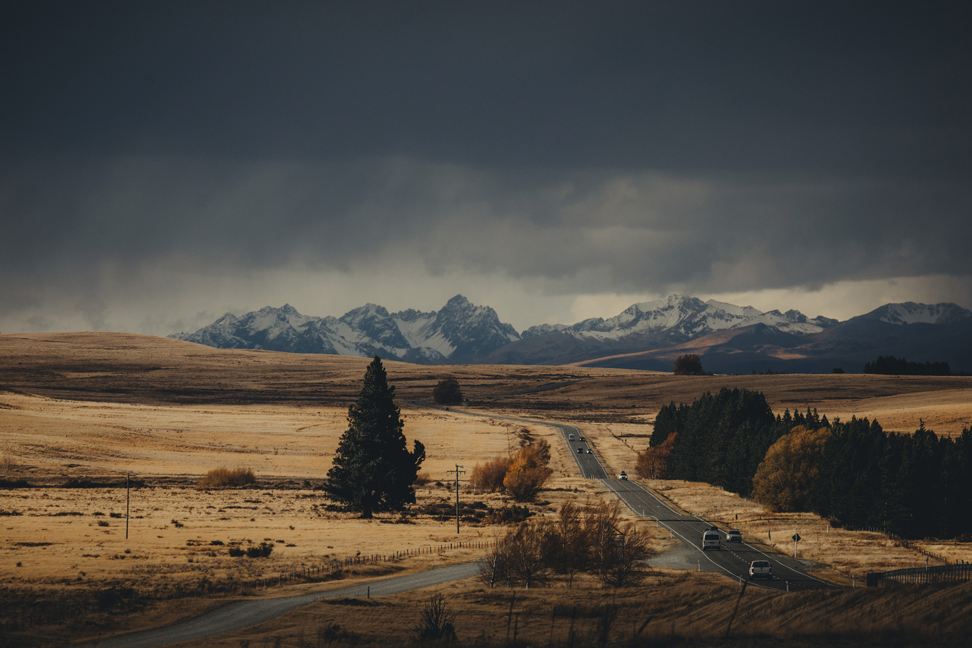 Magic light on the road to Lake Tekapo, in the Mackenzie Country