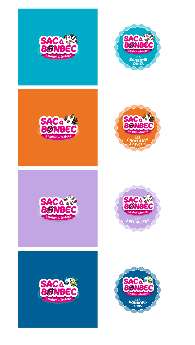 étiquettes pour les différentes gammes de confiseries : bonbons doux, chocolats à dévorer, les spécialités, les bonbons funs. Coloré, acidulé. Packagin food, alimentaire, confiserie