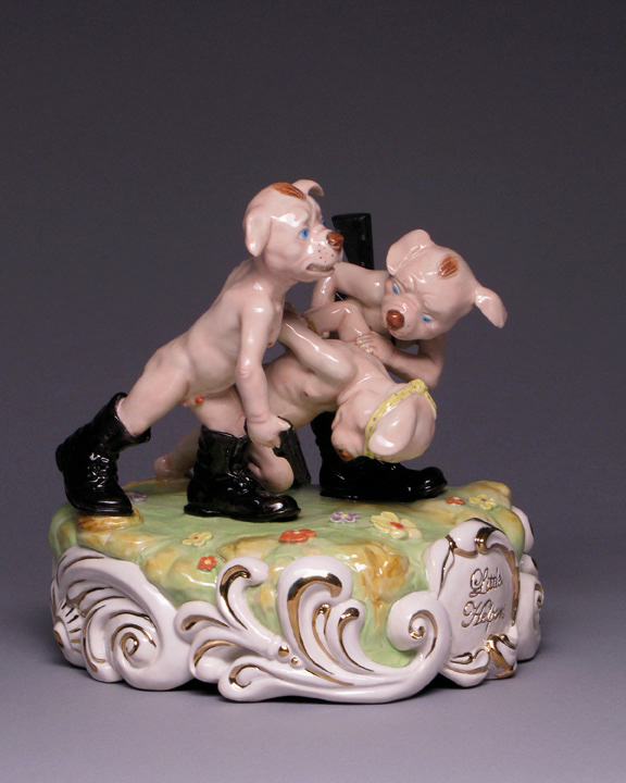 Little Helpers, 2010, cone 6 porcelain, glaze, underglaze, luster
