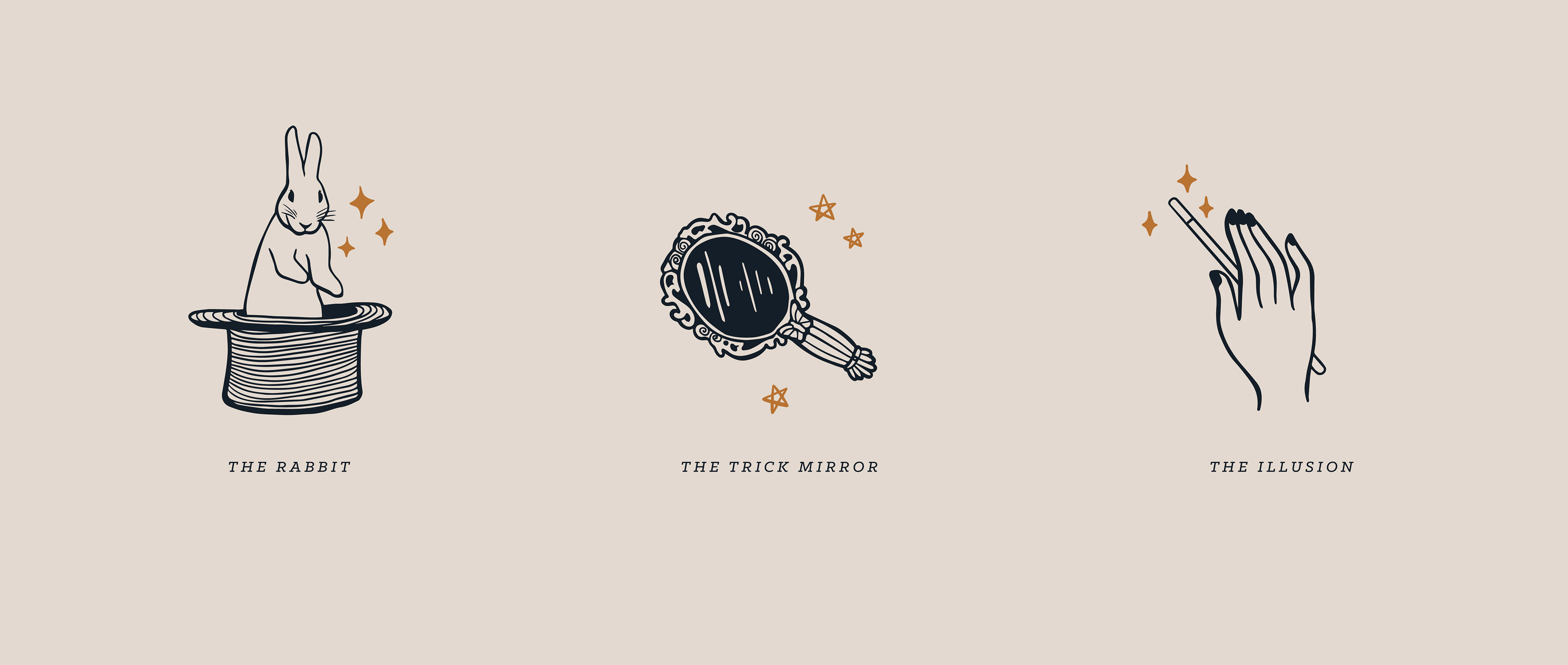 Illustrations of a rabbit in a hat, a trick mirror, and a hand holding a magic wand for Brewpoint Coffee's Illusionist coffee packaging.