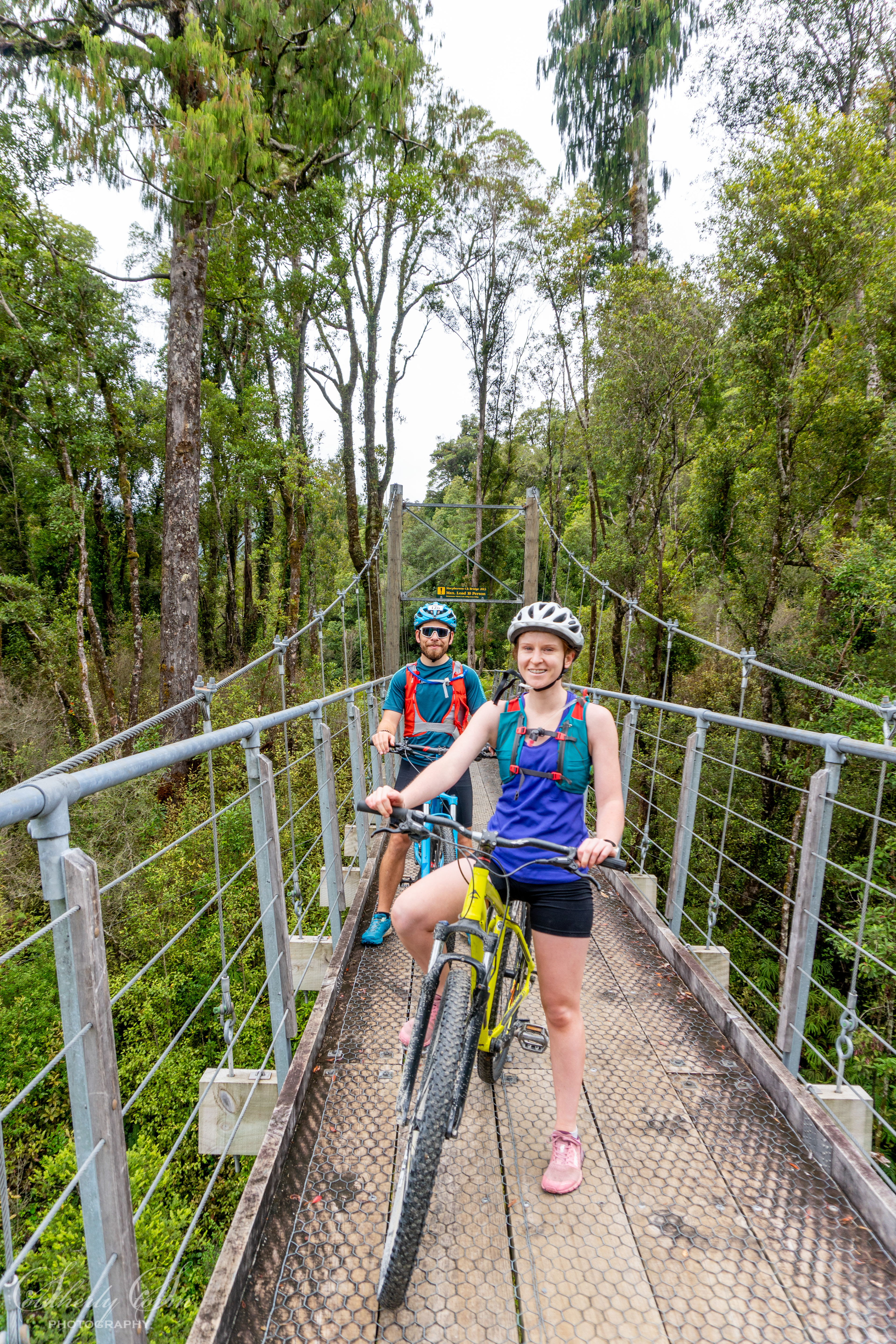 Two people biking over a bridge, West Coast Wilderness Trail